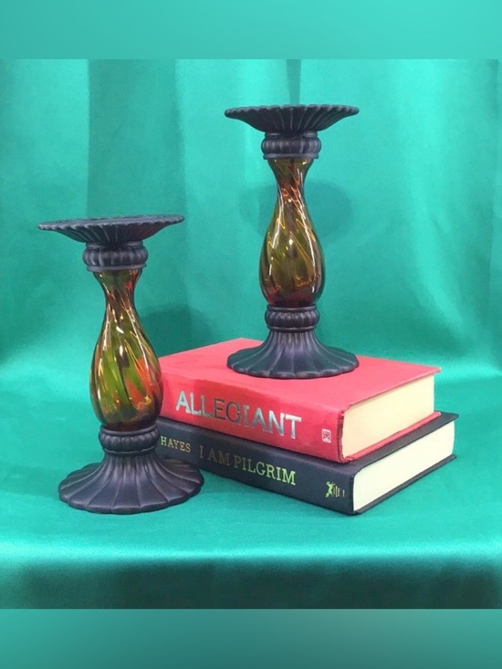PartyLite Other - PARTYLITE Global Fusion Taper/Pillar Holder Amber Glass/Black Metal—P8722–(Pair)